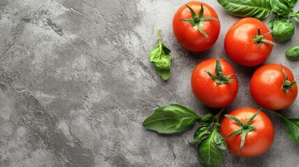 A top view of fresh tomatoes with leaves on a concrete background.
