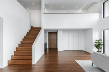 Obraz premium Two story contemporary duplex featuring stairs, bright lighting exudes minimalism
