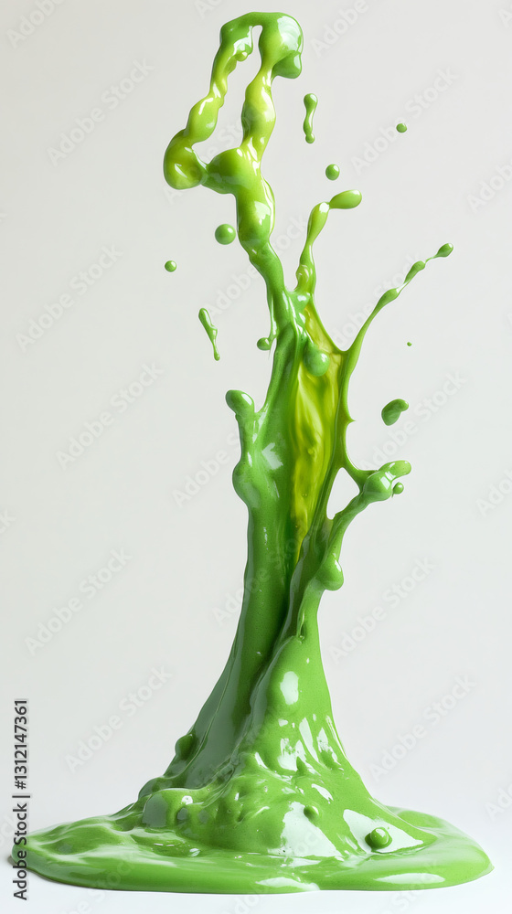 Aufkleber green paint splashing, forming dynamic abstract shapes with fluid motion against pristine white back