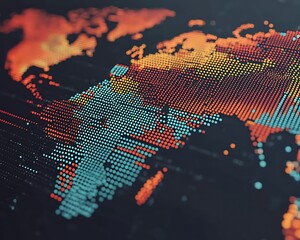 A stylized global map composed of multi colored dots appears
