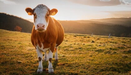 Curious cow looking directly at the camera, with a beautiful rural landscape 2