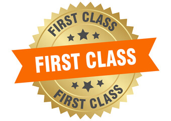 first class. first class round orange and gold label isolated on transparent background