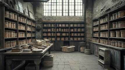 Aged, dusty apothecary warehouse interior with many vintage containers