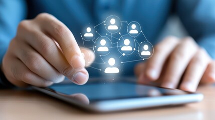 Social media connection, person using tablet with vibrant icons, connecting to the global network
