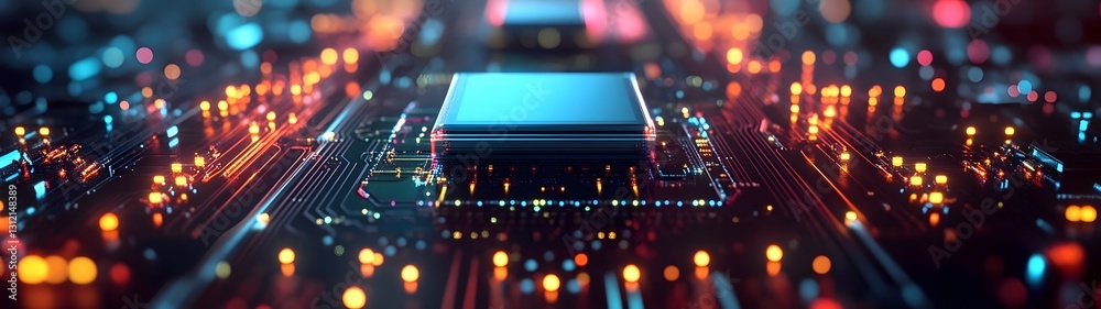 Poster Technological Interconnected Microchip Circuit Powering Futuristic Digital Innovation  Abstract high tech background with electronic components data processing and intelligence concepts