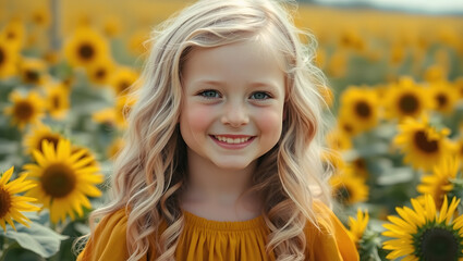 Fototapeta premium Blooming summer. Portrait of a beautiful curly-haired girl in a yellow dress on the background of a blooming field of sunflowers. The girl smiles and looks at the camera.