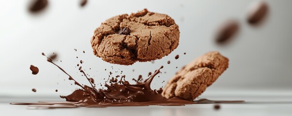 A close-up of cookies splashing into chocolate, creating a dynamic and delicious scene that captures the essence of indulgence.