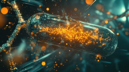 Digital DNA strands forming around a capsule, illustrating genetic-based pharmaceuticals.