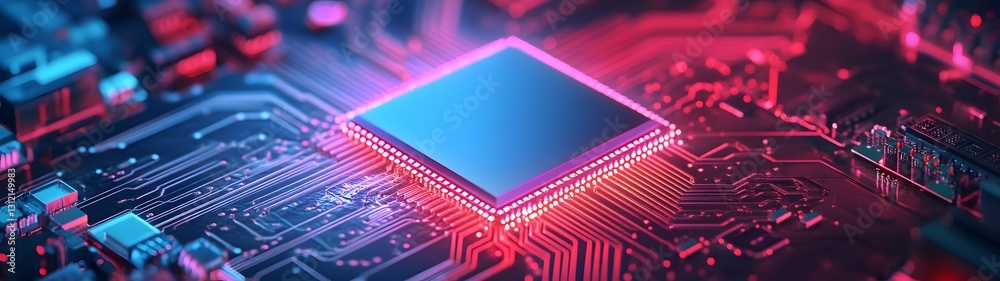 Aufkleber Vibrant and Futuristic Neon Lit Electronic Circuit Board Background with Abstract Technology Patterns and Colorful Cyberpunk Inspired Designs  High Tech Digital Art Concept with Computer Chip