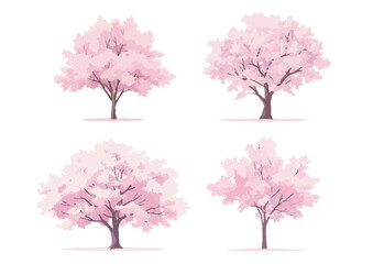Japanese Cherry Blossom Tree Illustrations in Vector Format for Illustrations, Backgrounds, and Web Design, Featuring Detailed Branches and Soft Pink Petals, Isolated with Transparent Background.