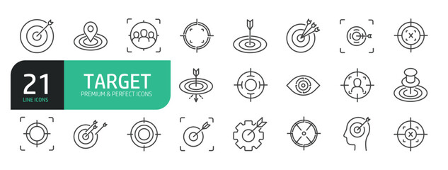 Set Of Target Line Icons. Set contains such icons as Aim, Goal, Arrow, Shoot, Dart Board, Success, and more.