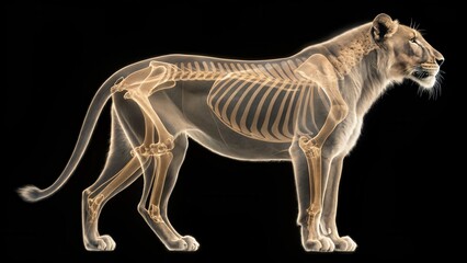 Fototapeta premium Lioness skeletal structure, translucent overlay on black background. Detailed anatomical rendering showing bones, muscles, and joints