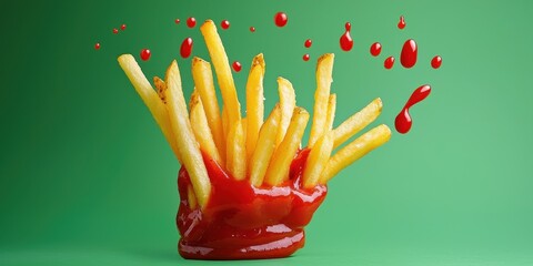 Floating French fries with classic ketchup splashes on a neon green background