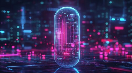 Transparent pill dissolving into a holographic interface, visualizing next-gen drug development.