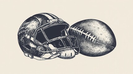 A vector-engraved illustration featuring an American football player, ball, and helmet in a hand-drawn, vintage etching style.