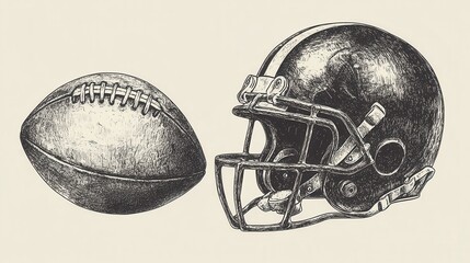 A vector-engraved illustration featuring an American football player, ball, and helmet in a hand-drawn, vintage etching style.