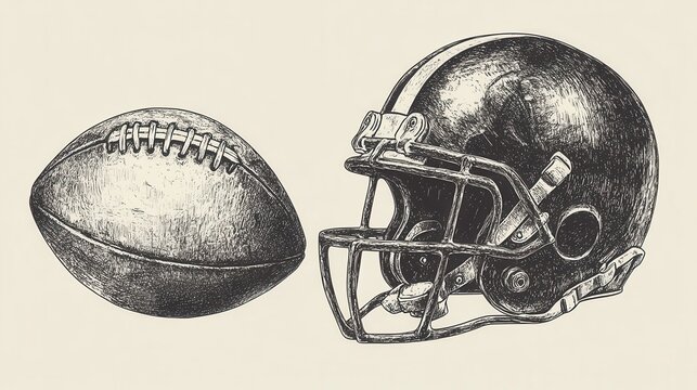 Naklejki A vector-engraved illustration featuring an American football player, ball, and helmet in a hand-drawn, vintage etching style.