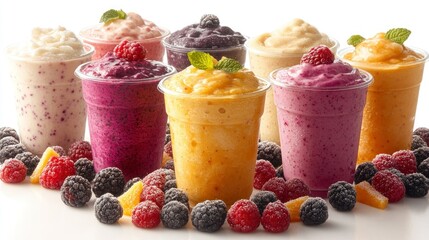 Colorful fruit smoothies in cups on white background