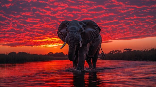 Majestic elephant crossing a river at sunset (2)