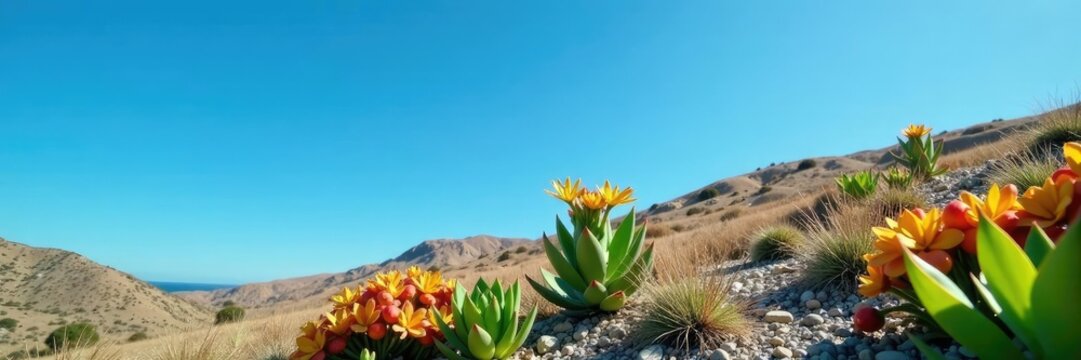 High-angle shot of Penca o tunera canaria plant against a blue sky, tunera, succulent, nature