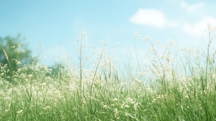 Sunlit Green Field with Wildflowers Under a Blue Sky
