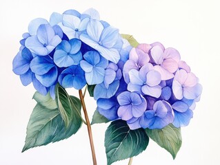 Delicate watercolor composition showcases blooming hydrangeas in gentle shades of blue, pink, and purple, ideal for invitations and spring events