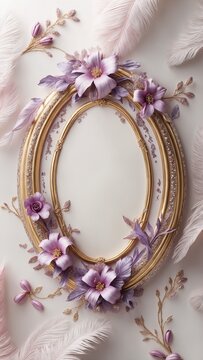 Elegant royal golden blank frame space for text with purple pastel flowers and pink blush feather. Dreamy luxury and delicate wedding memorial photo background wallpaper for greeting card