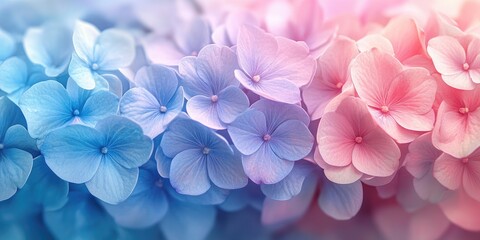 Obraz premium Delicate watercolor artwork features hydrangea flowers in soft shades of blue, pink, and purple, perfect for invitations, greeting cards, and spring events