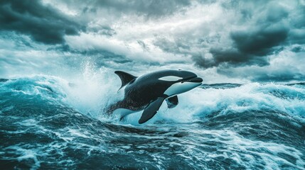 Fototapeta premium Orca leaping in stormy ocean waves (1)