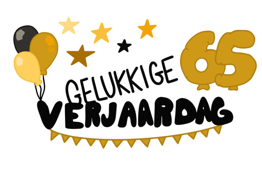 Gelukkige Verjaardag vector met banners, ballonnen, sterren en het getal 65