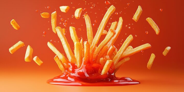 Floating French fries with ketchup splashes on a bold tangerine background