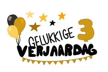Gelukkige Verjaardag vector met banners, ballonnen, sterren en het getal 3
