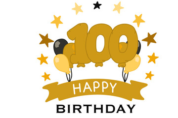 Happy Birthday vector with banners, balloons, stars, and the number 100