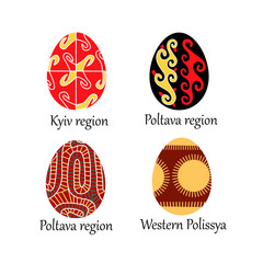 A collection of four traditional Ukrainian Pysanka Easter eggs with intricate folk patterns from different regions. Vibrant red, yellow, and brown designs inspired by Poltava, Kyiv, and Polissya cultu