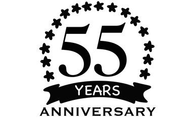 55 years anniversary, logo, emblem with stars, suitable for festive events, black stamp style