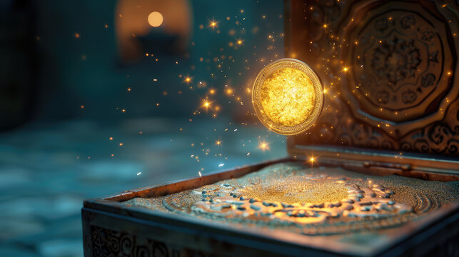 glowing coin hovers above decorative charity box, radiating magic on Ramadan,Hari Raya Aidilfitri,Eid-Ul-Fitr