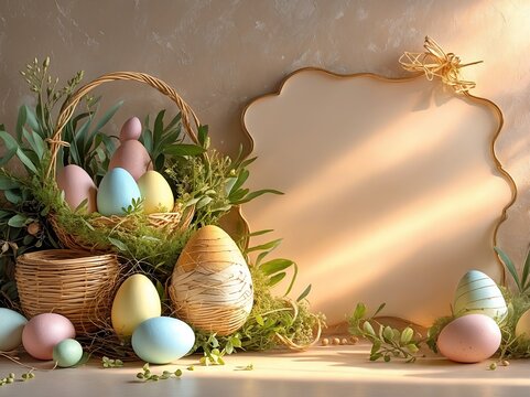 Blank empty space frame Warm tone colorful easter eggs in basket rustic whimsical grass background wallpaper for greeting card