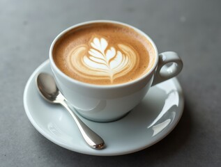 Fototapeta premium Latte coffee with spoon on gray counter