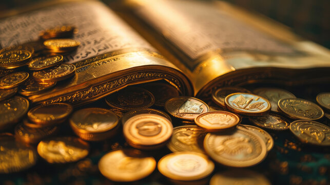 Golden coins spilling over open Quran, symbolizing wealth on Ramadan,Hari Raya Aidilfitri,Eid-Ul-Fitr