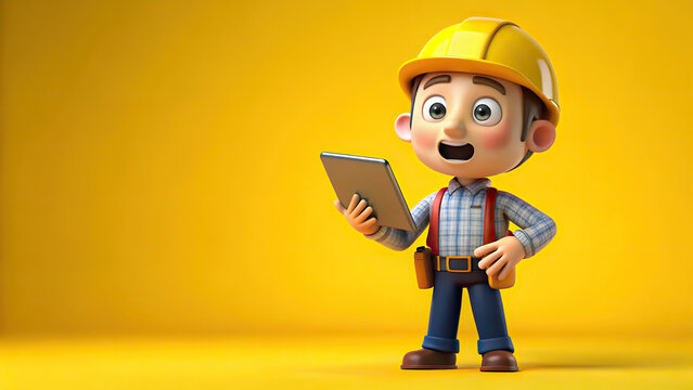 3d cute cartoon engineer overacting surprise wacth while  blueprint isolate on yellow background. Generative AI