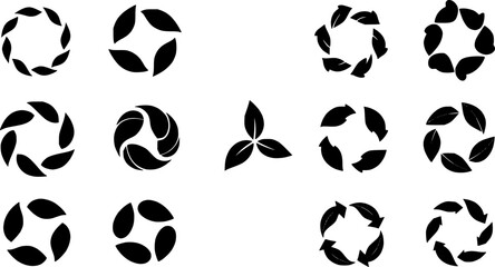 Fototapeta premium Green leaf and arrow icons for biodegradable recyclable organic bio labels package, recyclable and bio degradable package stamps, set recycle leaves label logo, leaf recycle, using recycled resources