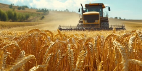 A powerful combine harvester working in a golden wheat field under a clear blue sky, showcasing agricultural productivity.