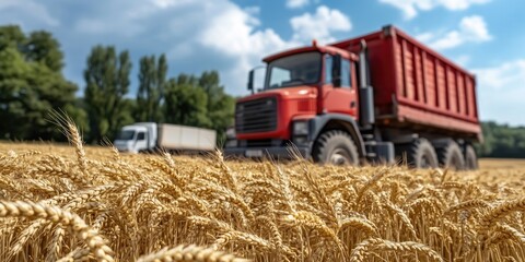 Obraz premium A red truck parked in a golden wheat field under a blue sky, showcasing agricultural machinery and rural life.