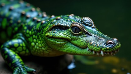 Fototapeta premium Gharial skin showing vibrant green hues & intricate scales, vibrant, India