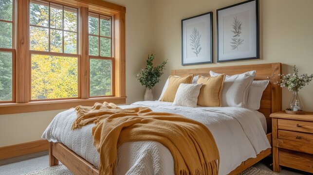 Nestled in a serene setting, the room features Alpine oat walls and wooden elements. A plush bed draped in a soft blanket awaits, inviting relaxation with views of nature outside