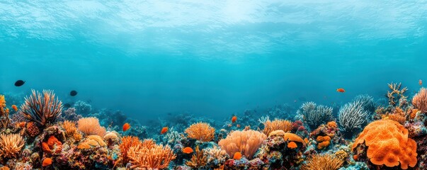 Naklejka premium Vibrant Coral Reef Underwater Scene with Colorful Fish