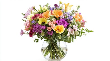 A vibrant bouquet of assorted flowers arranged in a clear glass vase, isolated on a white background.