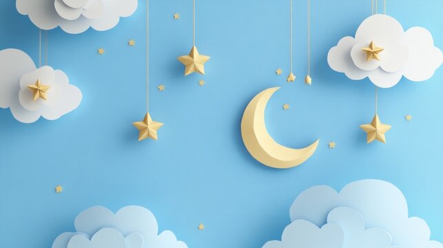 Pastel paper cut sky, moon, stars, clouds