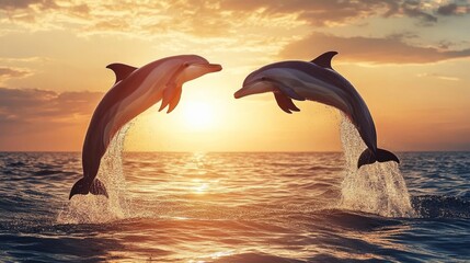 Obraz premium Two dolphins jumping out of the ocean at sunset, generative ai