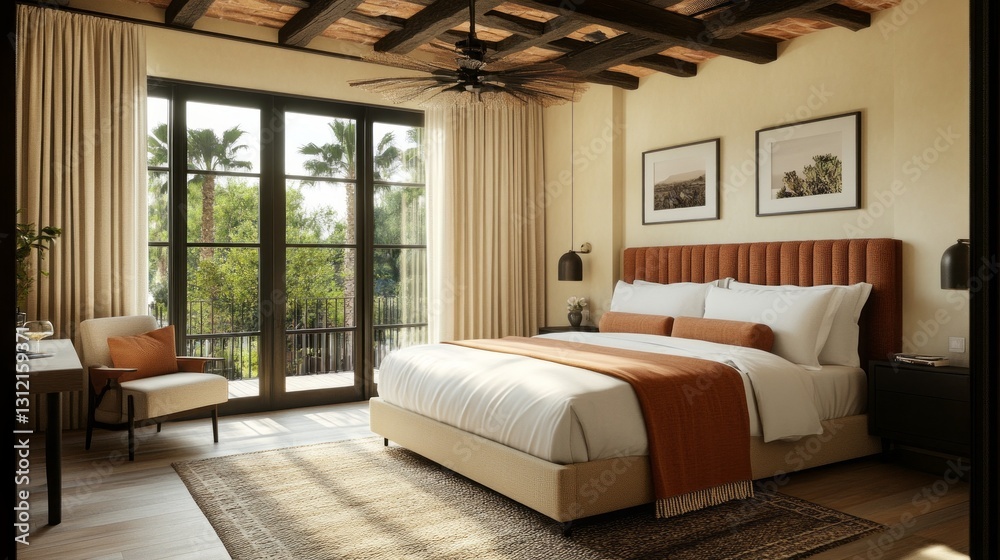 Poster a tranquil bedroom showcases alpine oat curtains gently framing oversized windows, allowing soft lig